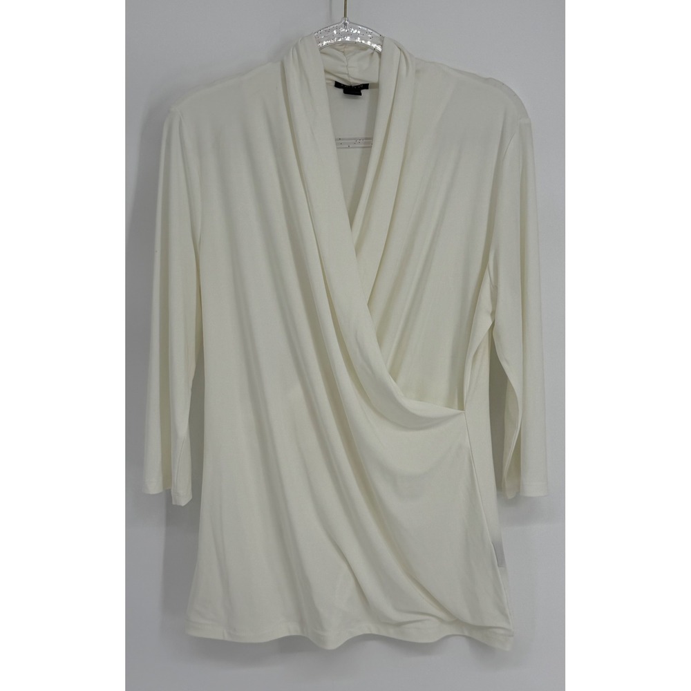 Iman Global Chic Womens Ivory Draped Surplice 3/4 Sleeve Jersey Knit Top Sz L